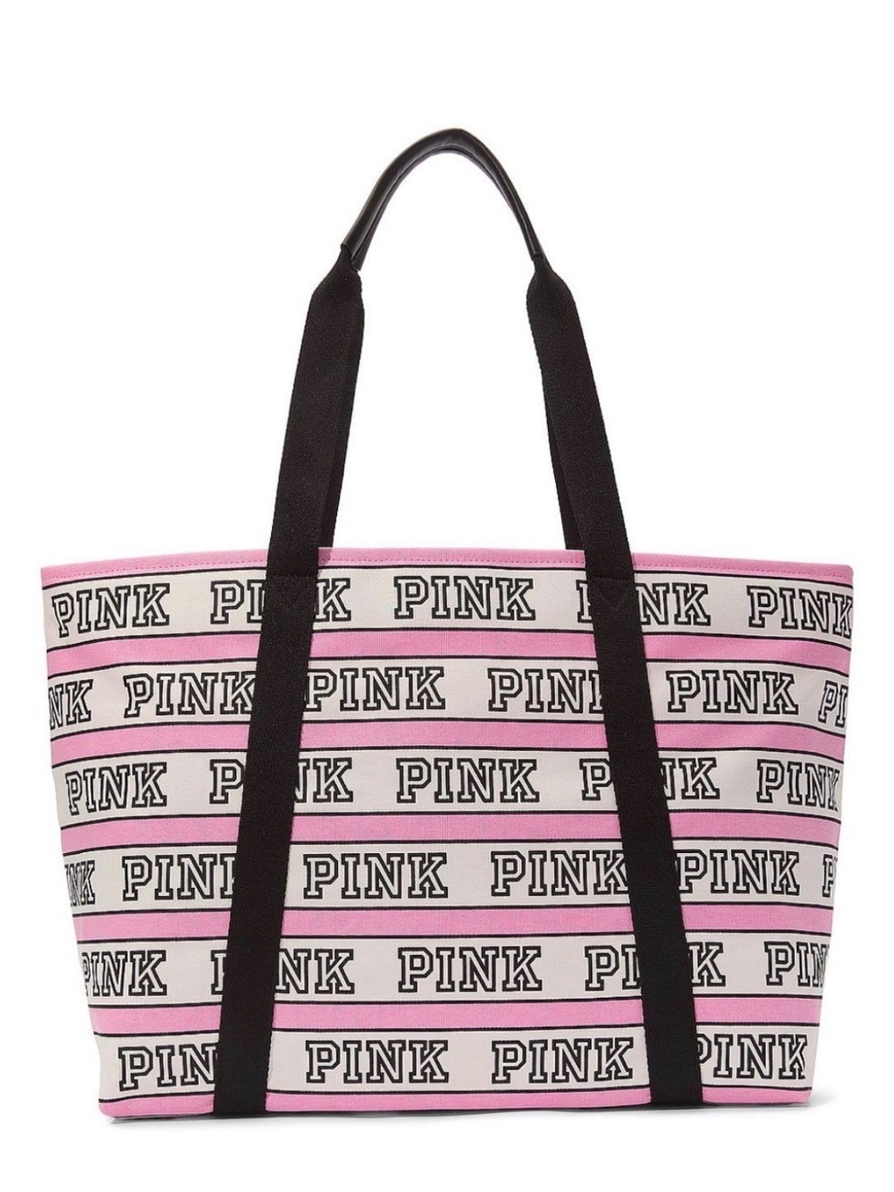 PINK Victoria's Secret Pink and White Logo Stripe Tote with Black Handles